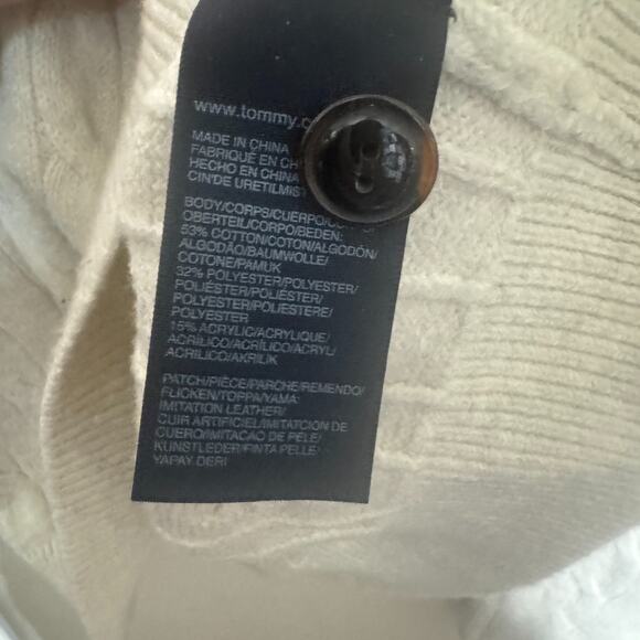 TOMMY HILFIGER Fisherman Sweater Lux Cotton Mens L Ivory shawl collar cable knit - Picture 6 of 8